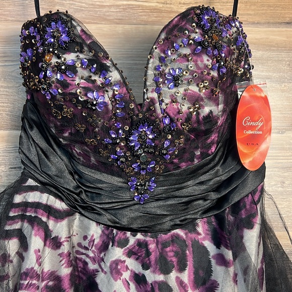 Cindy Collection Strapless Purple Leopard & Black Tulle Prom Formal Dress  NWT - Picture 3 of 4
